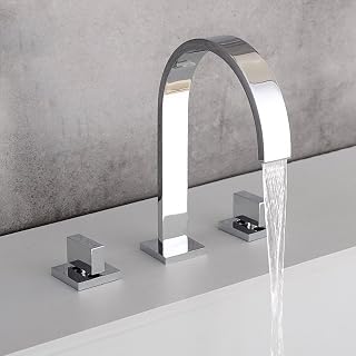Grifo de Lavabo Tres Orificios Grifo Lavabo Baño Cromado, Grifo de Baño Cascada 2 Mandos Grifo de Lavabo Laton agua Fría y Caliente