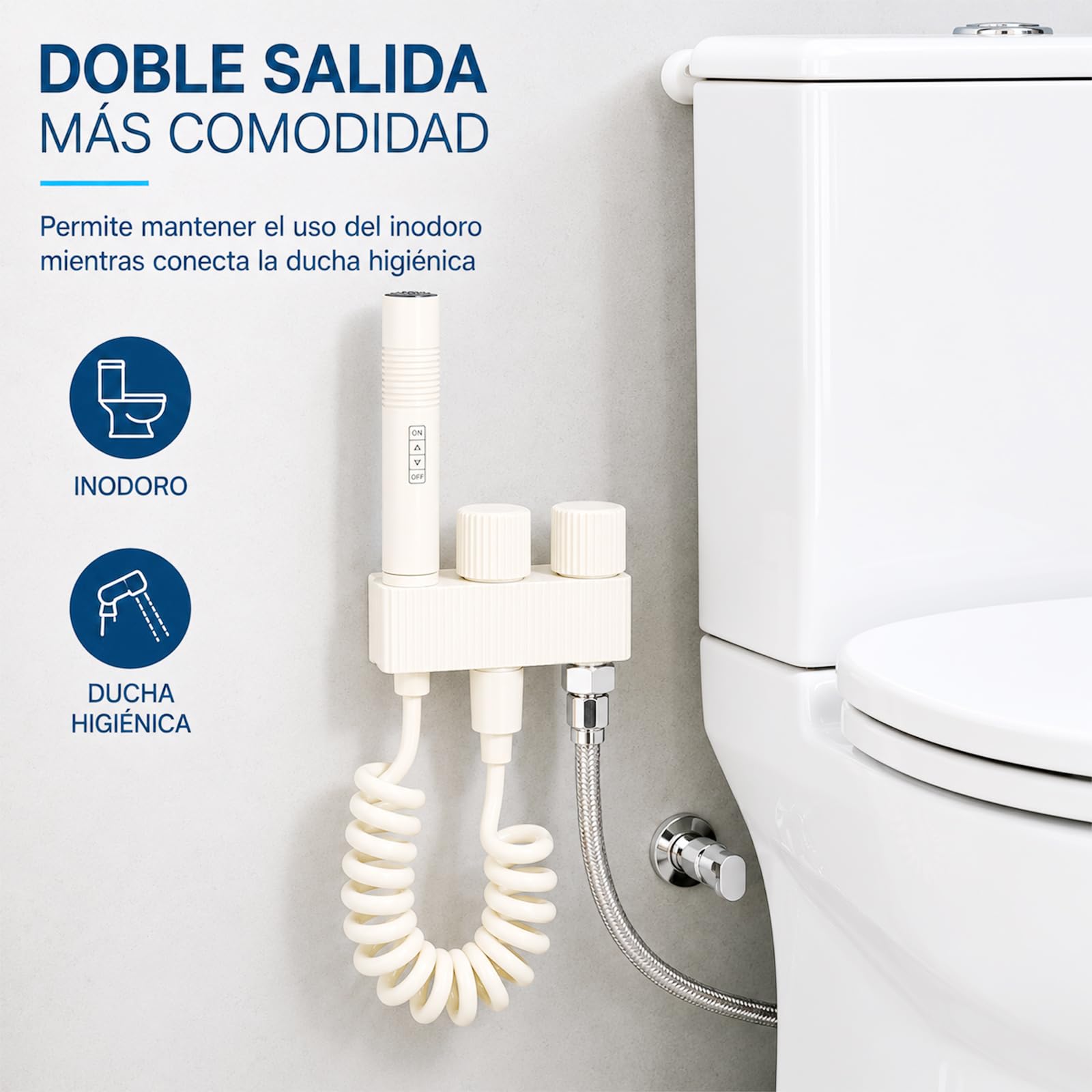 Ducha Higiénica WC con Doble Válvula, Marfil Mate | ociador ON/OFF | Manguera espiral 1,5 m | Bidé WC | Doble válvula independiente | Limpieza del WC