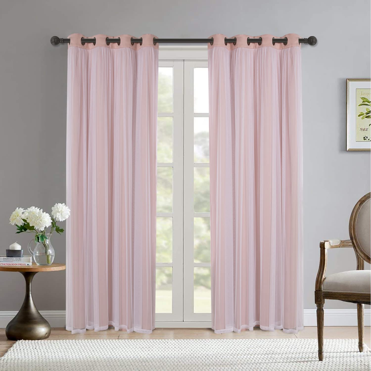 Bonzer Mix and Match Blackout Curtains Grommet Double-Layered Curtains with White Sheer Voile for Living Room, Blush, 52x84 inch, Set of 2 Panels