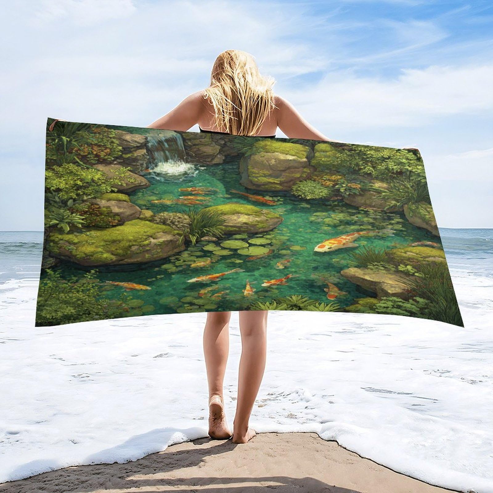 Luyysky Elegant Classic Japanese Fish Absorbent Beach Towel, Funny Oil Painting Waterfall Plant Lotus Leaves Animal Fish Outdoor Single-Sided Velvet Beach Towel-80 W Cm X 160" L Cm