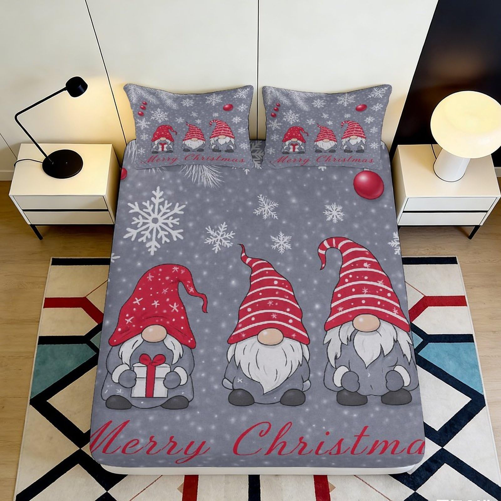 3D Printed Christmas Gnome Fitted Sheet Microfiber Deep Pocket Non-Slip Christmas Mattress Fitted Cover for Bedroom 160x200x25cm