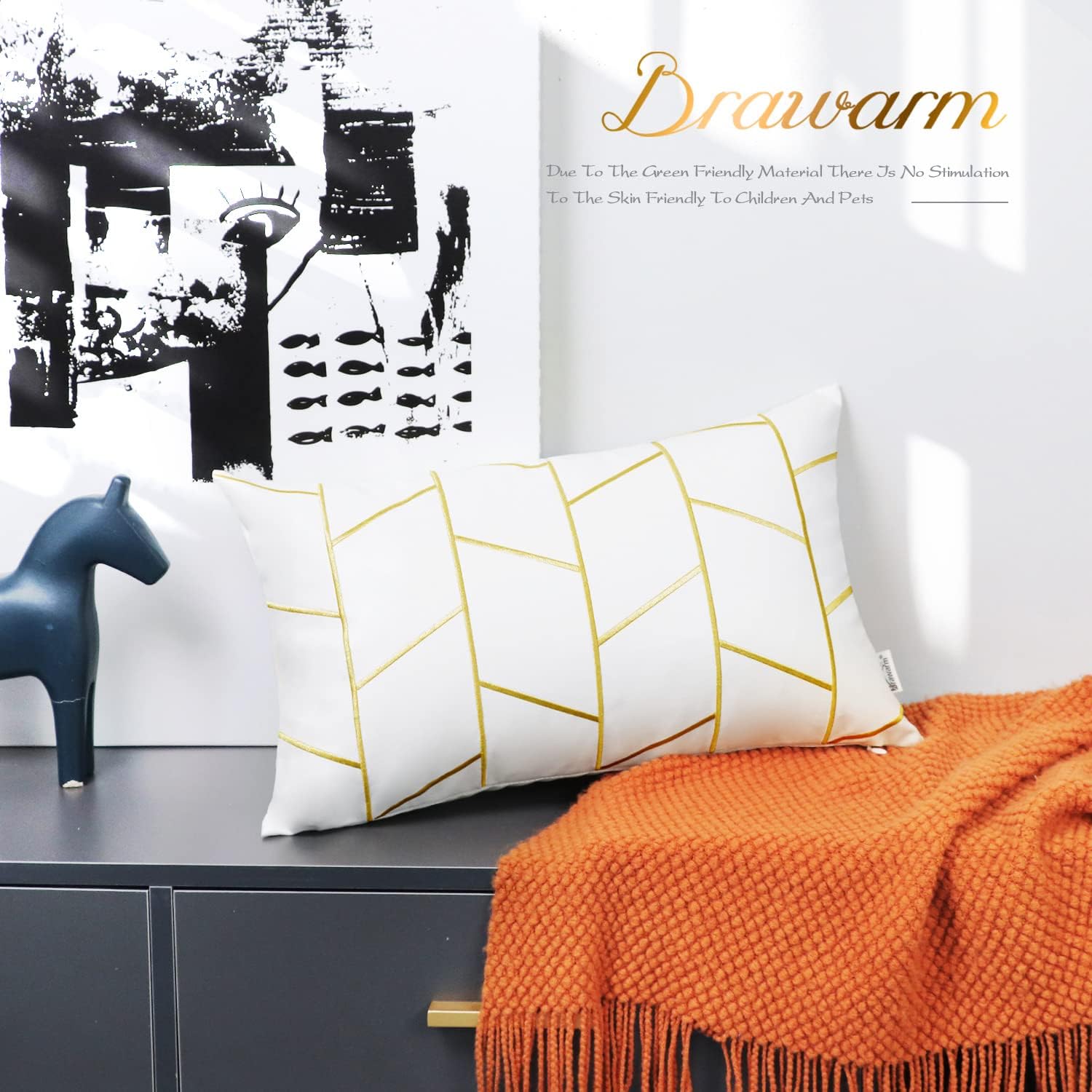 BRAWARM Faux Leather Pillow Covers 12 X 20 Inches, White and Gold Leather Lumbar Pillow Covers Pack of 2, Geometric Embroidery Leather Decorative Throw Pillows for Living Room Couch Bed Sofa Home - Image 4