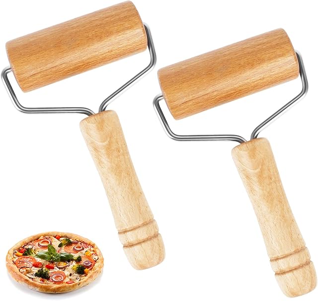 2 PCS Wood Pastry Roller Wooden Rolling Pin Pizza Dough Rollers Non Stick Comfortable to Grip Wooden Rolling Pin with Handles for Home Bakery Cooking Baking