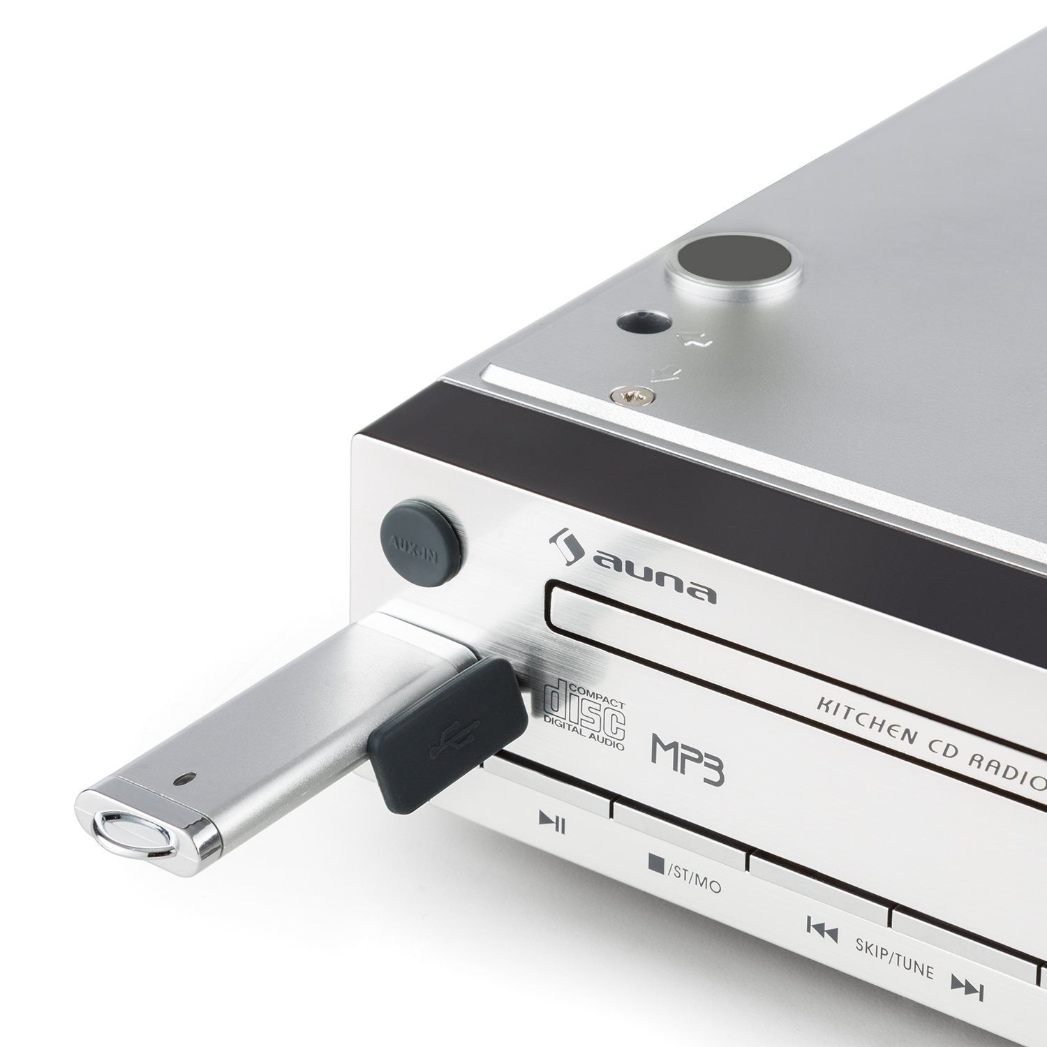 auna KCD-20 - Radio de Cocina, Radio para Mueble, Aspecto de Aluminio, Radio FM, RDS, Memoria 20 emisoras, Puerto USB Compatible con MP3, AUX, Alarma, Mando a Distancia, Plateado
