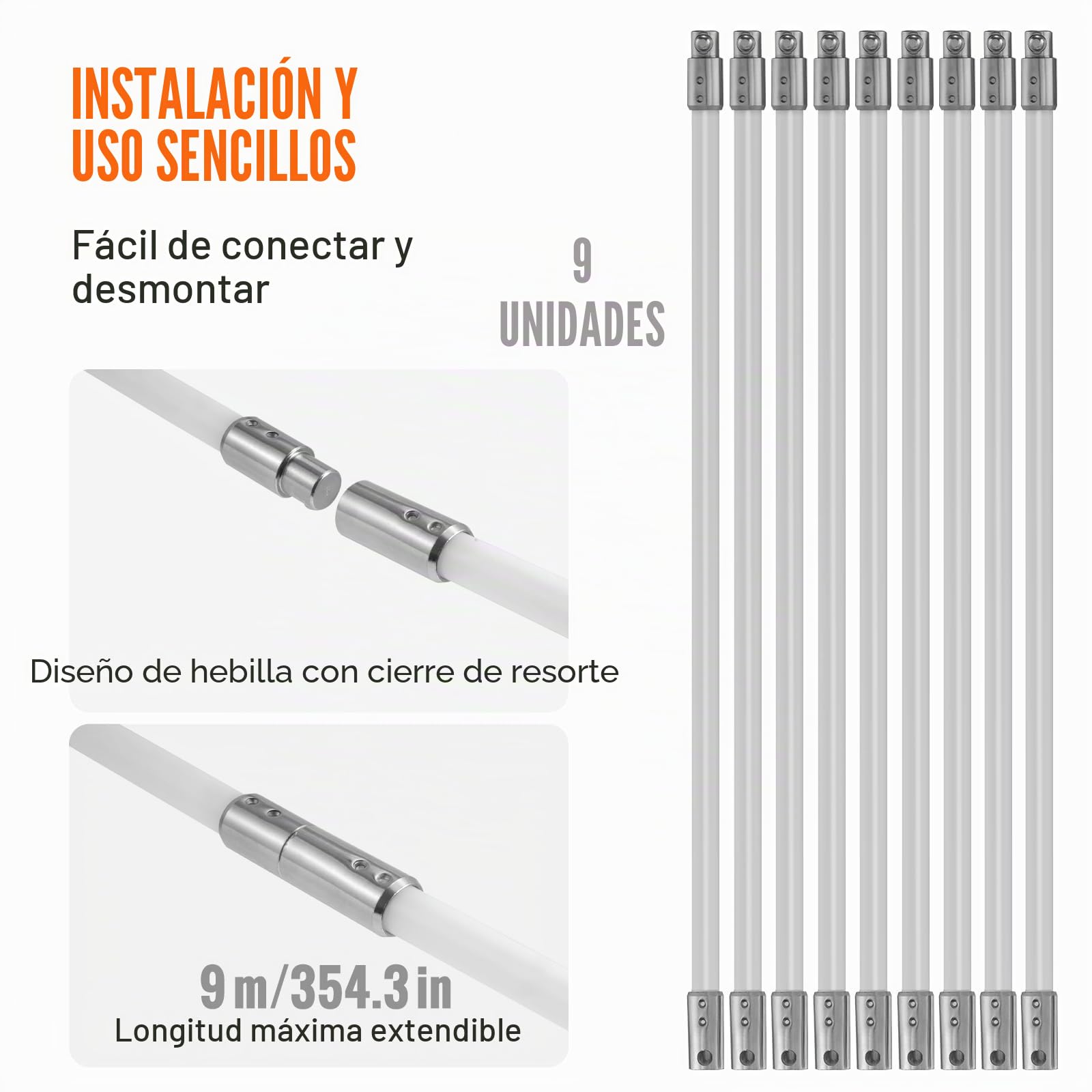 VEVOR Kit de Deshollinador de Chimeneas 9 m Cepillo de Limpieza de 360° con 9 Varillas Flexibles Nailon Accesorios para Conductos de Chimeneas Uso Doméstico Adecuado para la Mayoría de los Conductos