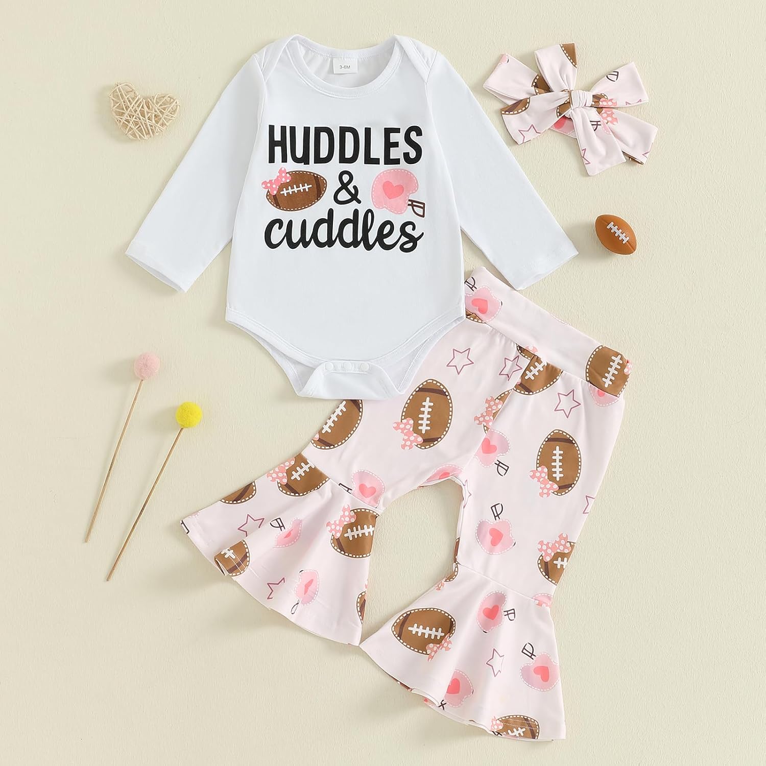 Newborn Baby Girl Football Outfit Huddles and Cuddles Long Sleeve Romper Flare Pants Headband Set 3Pcs Cute Fall Clothes - Image 3