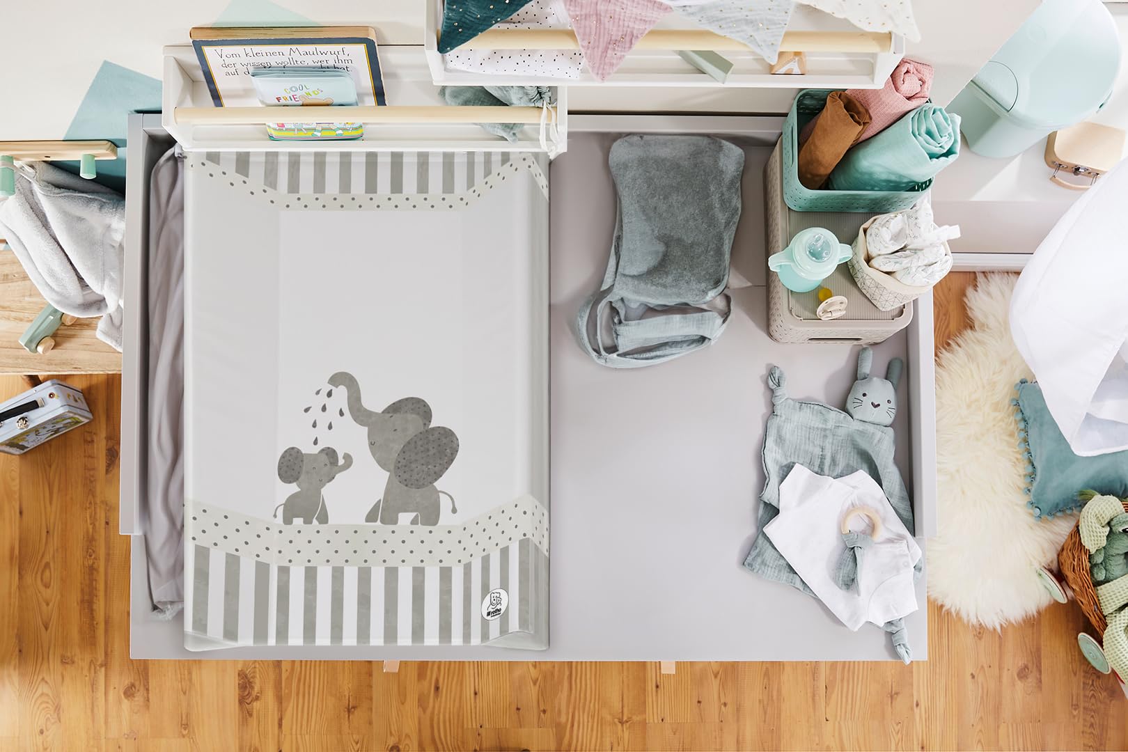 Rotho Babydesign Materassino Fasciatoio, Da 0 mesi, Modern Elephants, Bella Bambina, Bianco/Grigio, 50 x 70 cm, 20099 0001 CG