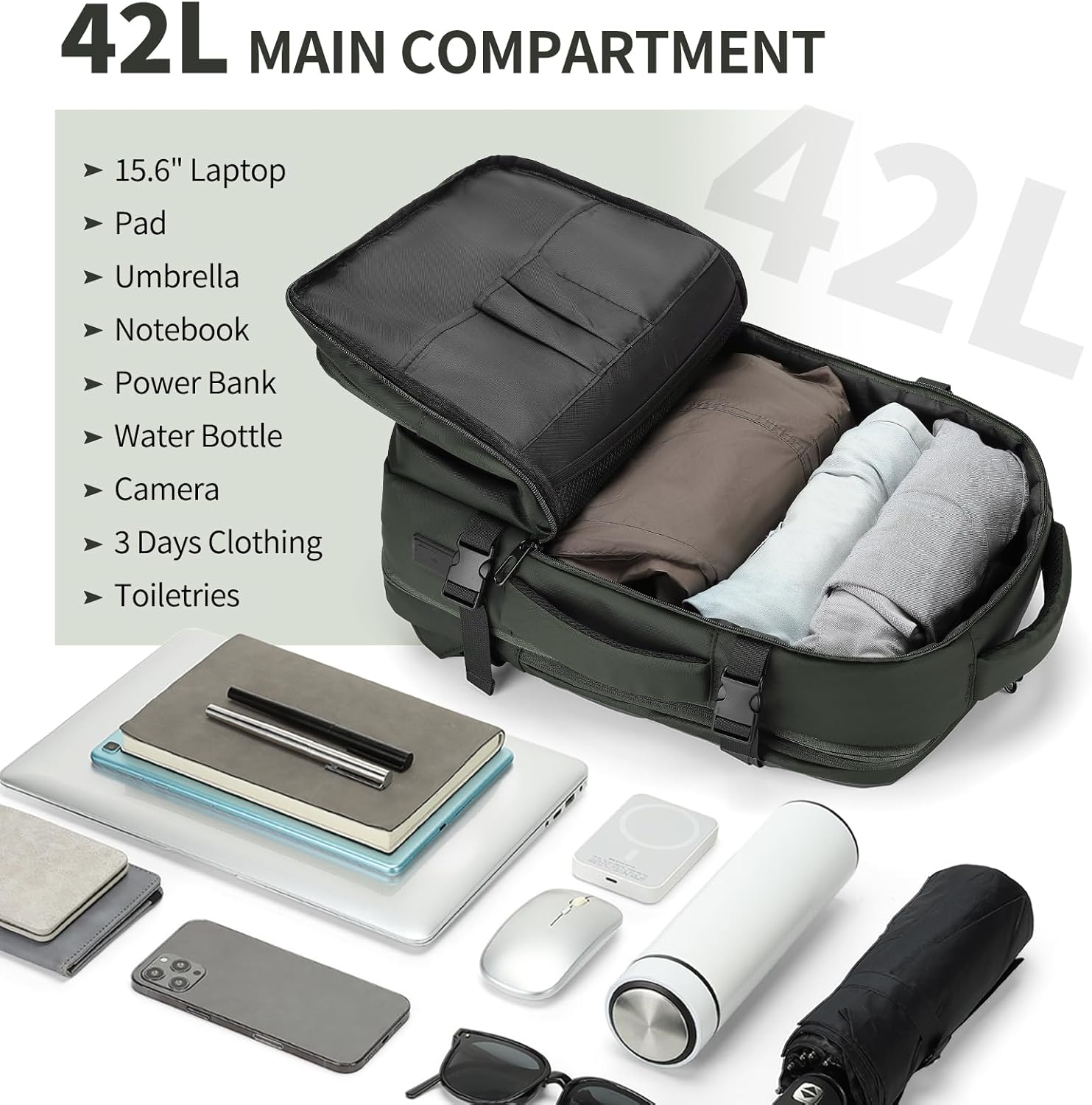 Travel Carry on Backpack, 18.9" Flight Approved, Expandable Weekender Bag with Waterproof USB A/C Port, Equivalent to 18" Suitcase, Green - Image 4