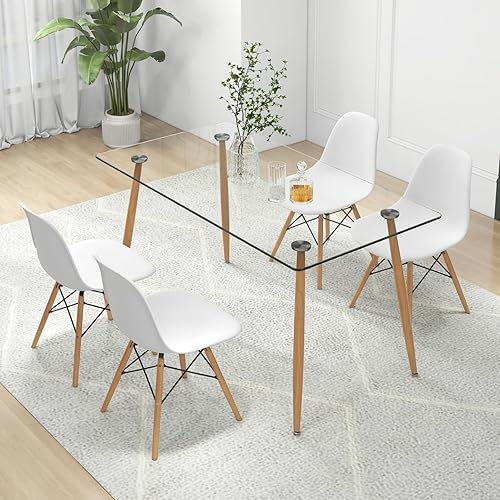Giantex Juego de mesa de comedor para 5, mesa de comedor rectangular de vidrio y 4 sillas DSW blancas, juego de comedor moderno de 5 piezas para