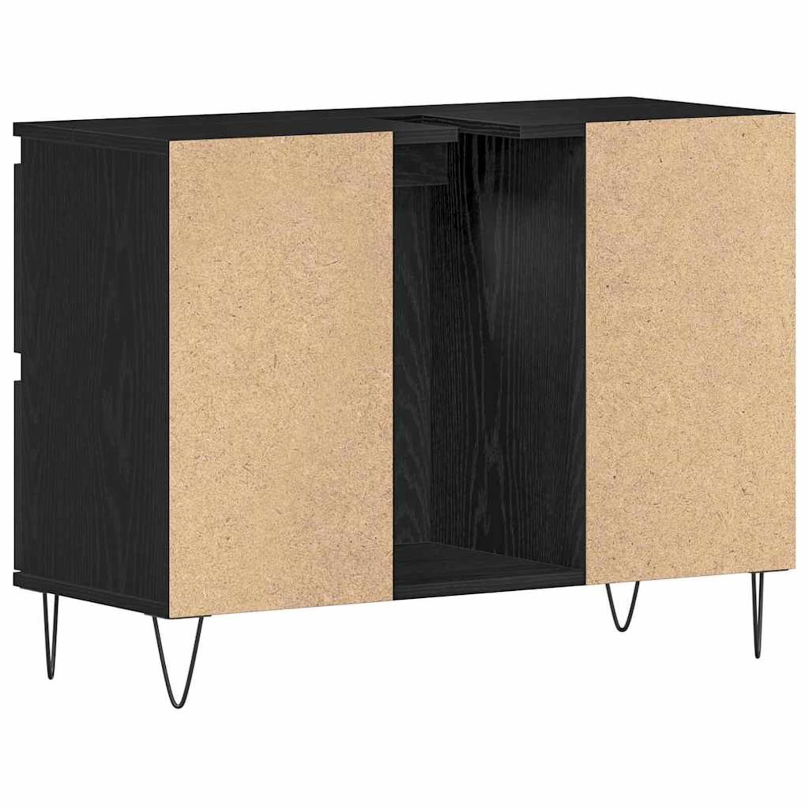 ATOMSTACK MAKER Armario de lavabo de aspecto de roble negro, 80 x 33 x 60 cm, material de madera con puerta y cajón, patas de horquilla industriales, armario para baño para habitaciones húmedas