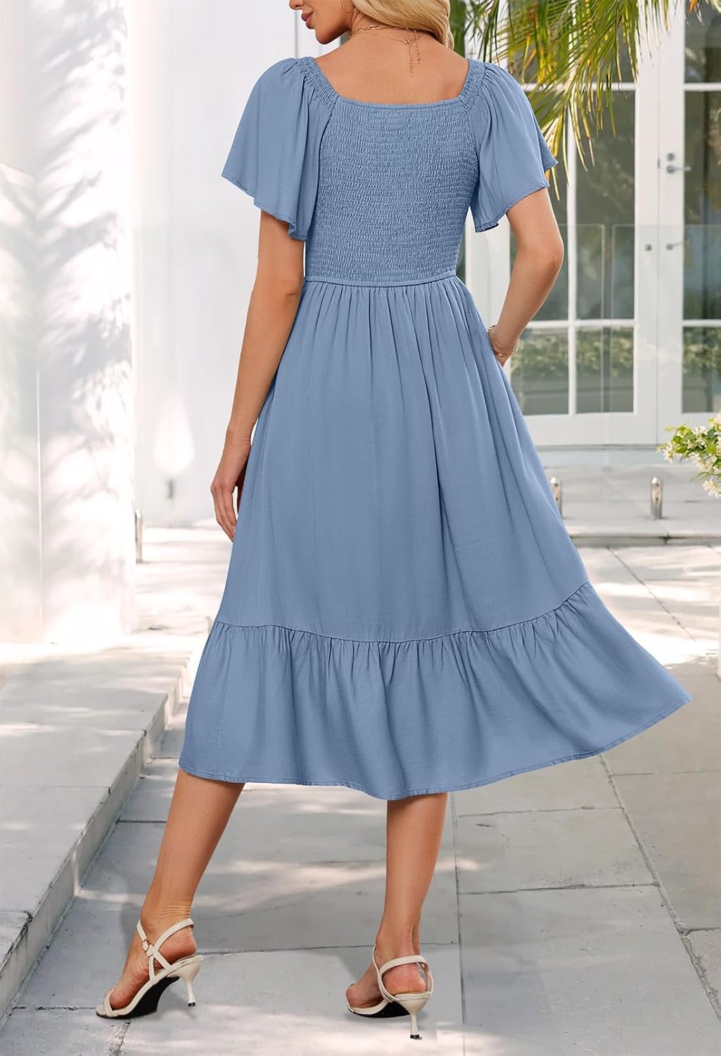 MEROKEETY Women's Summer Casual V Neck Ruffle Sleeve Smocked High Waist Midi Dress with Pockets - Image 4