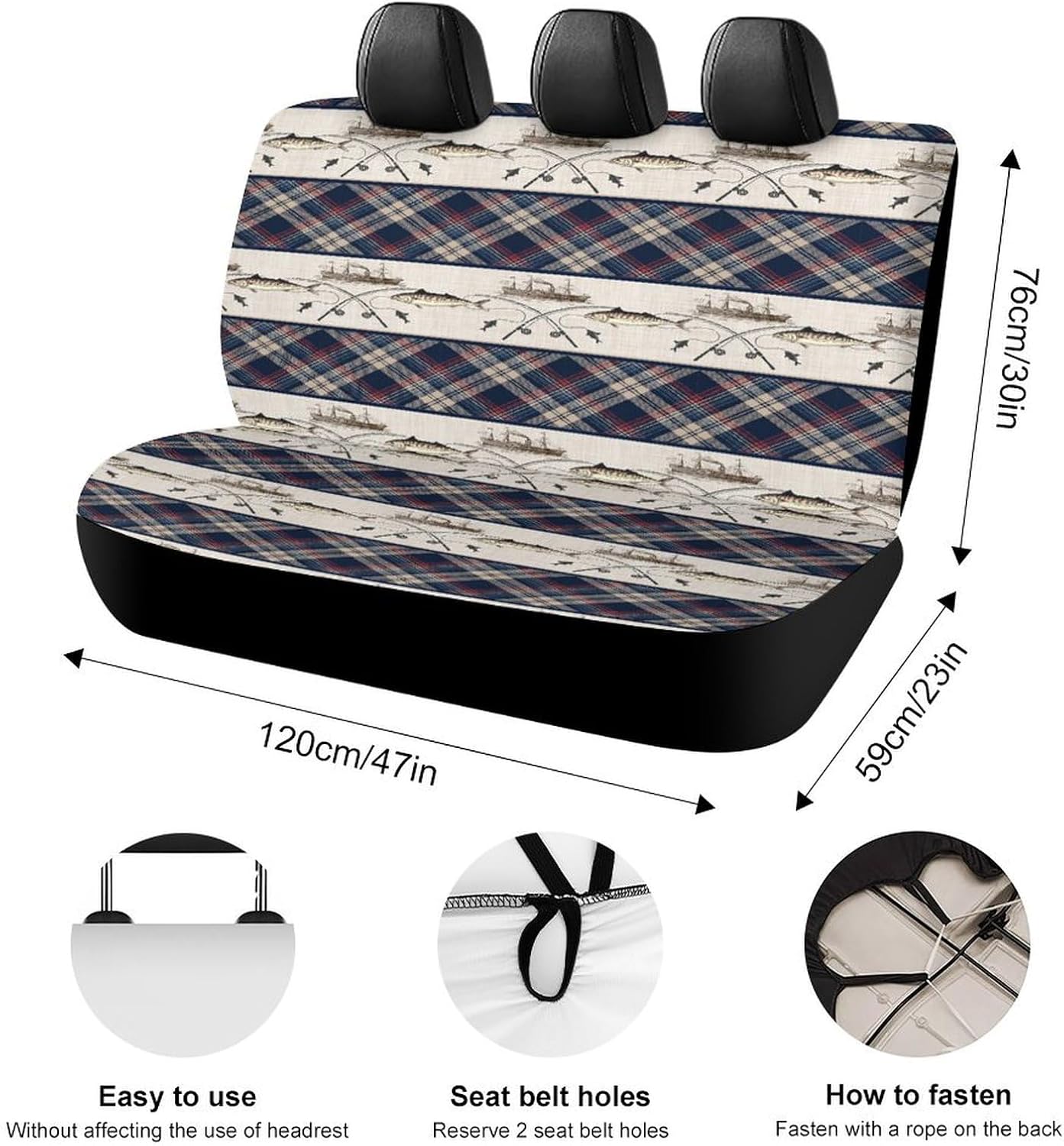 Abstract Fishing Retro Nautical Theme Waterproof Car Seat Cover for Rear Bench Seat Protection Wildlife Fishing Boat Plaid Decor Car Rear Seat Covers,Breathable Automotive Accessories