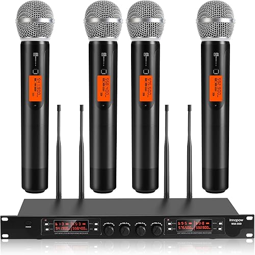 Sistema de micrófonos inalámbricos de 4 canales, juego de micrófono inalámbrico Quad UHF, 4 grupos dinámicos de mano de metal, escaneo automático,