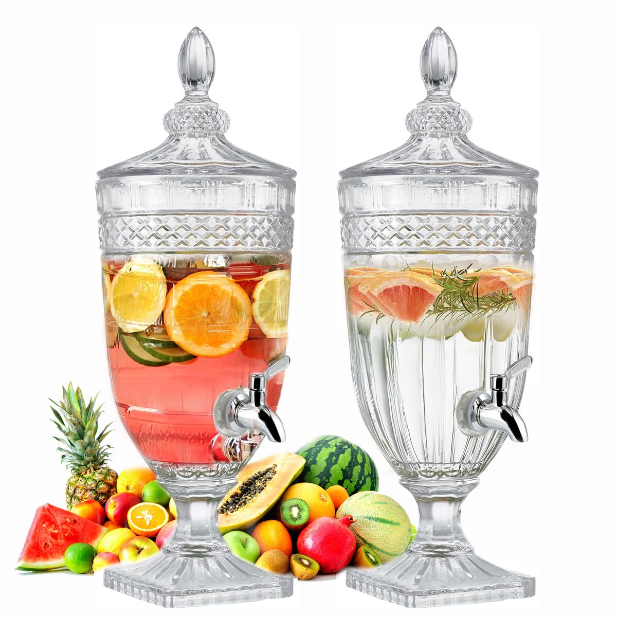 2pcs drink dispensers for parties, 0.8 gallon glass beverage dispenser with glass lid and stainless steel spigot, clear crystal beverage dispenser for parties, weddings and bar decoration (2 pcs)