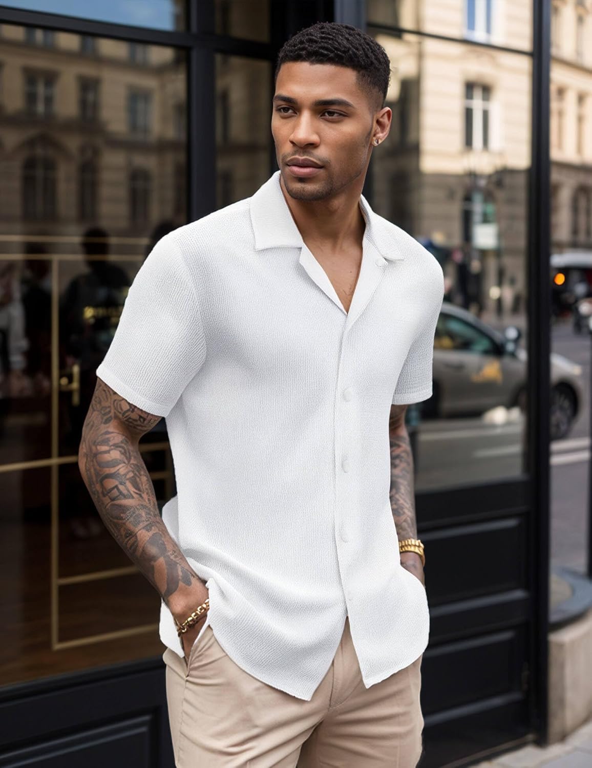 UOUA Men's Casual Button Down Shirts Short Sleeve Summer Textured Tops for Beach Vacation - Image 3