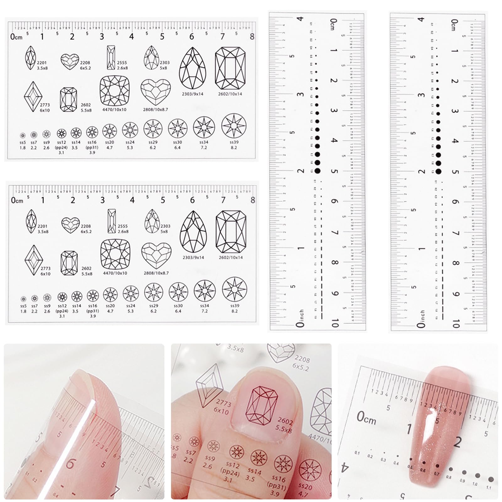 4-Piece Nail Measurement Ruler with Rhinestones - Measuring Tool for Acrylic Nails and DIY Manicure