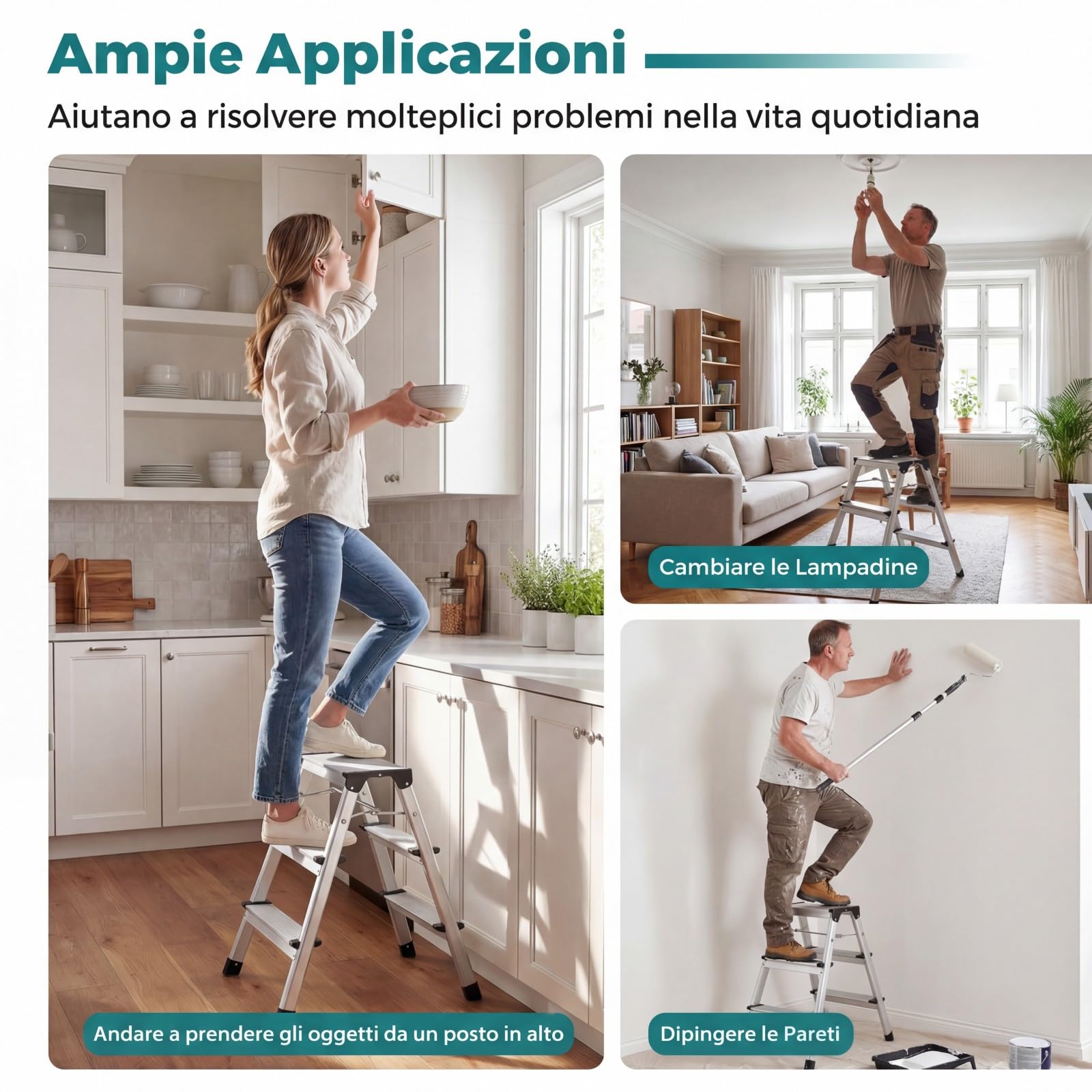 COSTWAY Scaletta Pieghevole in Alluminio, Scala a 3 Gradini Doppia con Pedane Larghe e Piedini Antiscivolo, Struttura Leggera, Portata 150 kg, per Casa, Ufficio e Garage
