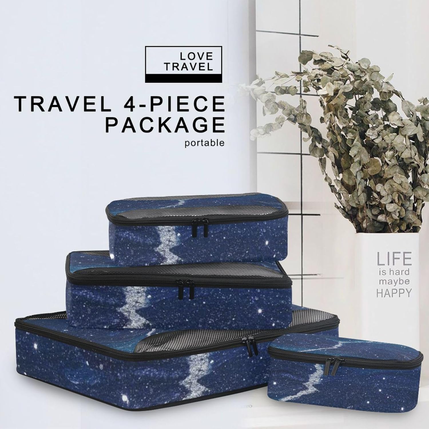 Fake Glitter Marble Grain Blue Universe 4 Pcs set organizers for travel Mesh Travel Essentials lightweight travel cubes for packing