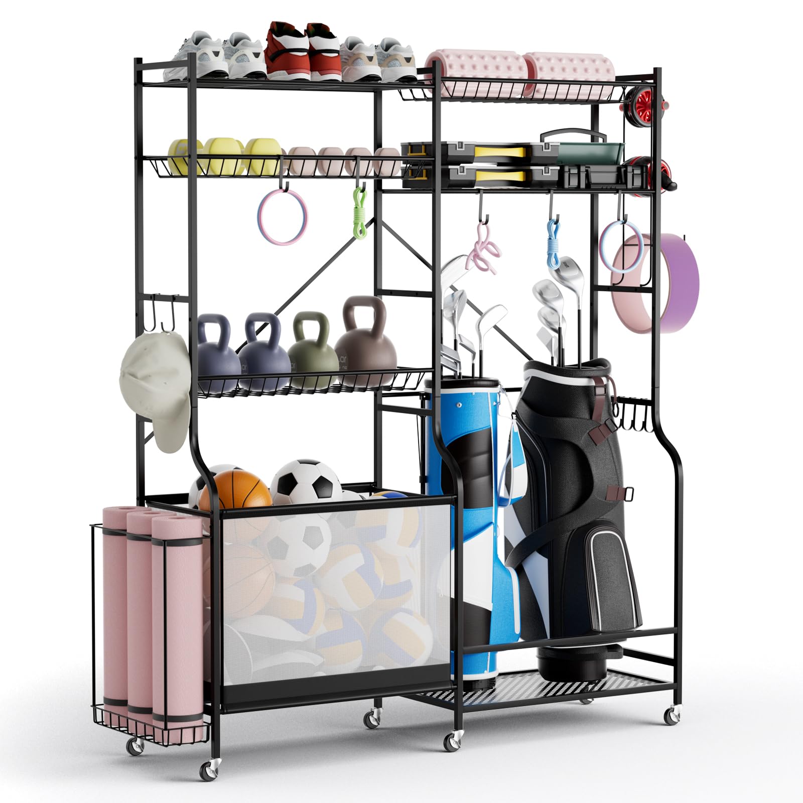 GOPLUS Organizador de Equipo Deportivo con 6 Ruedas, Estante de Almacenamiento de Metal para Pelotas, Mancuernas, Yoga Esterilla, Bolas y Bolsas de Golf, 5 Estantes Ajustables y 13 Ganchos Extraíbles