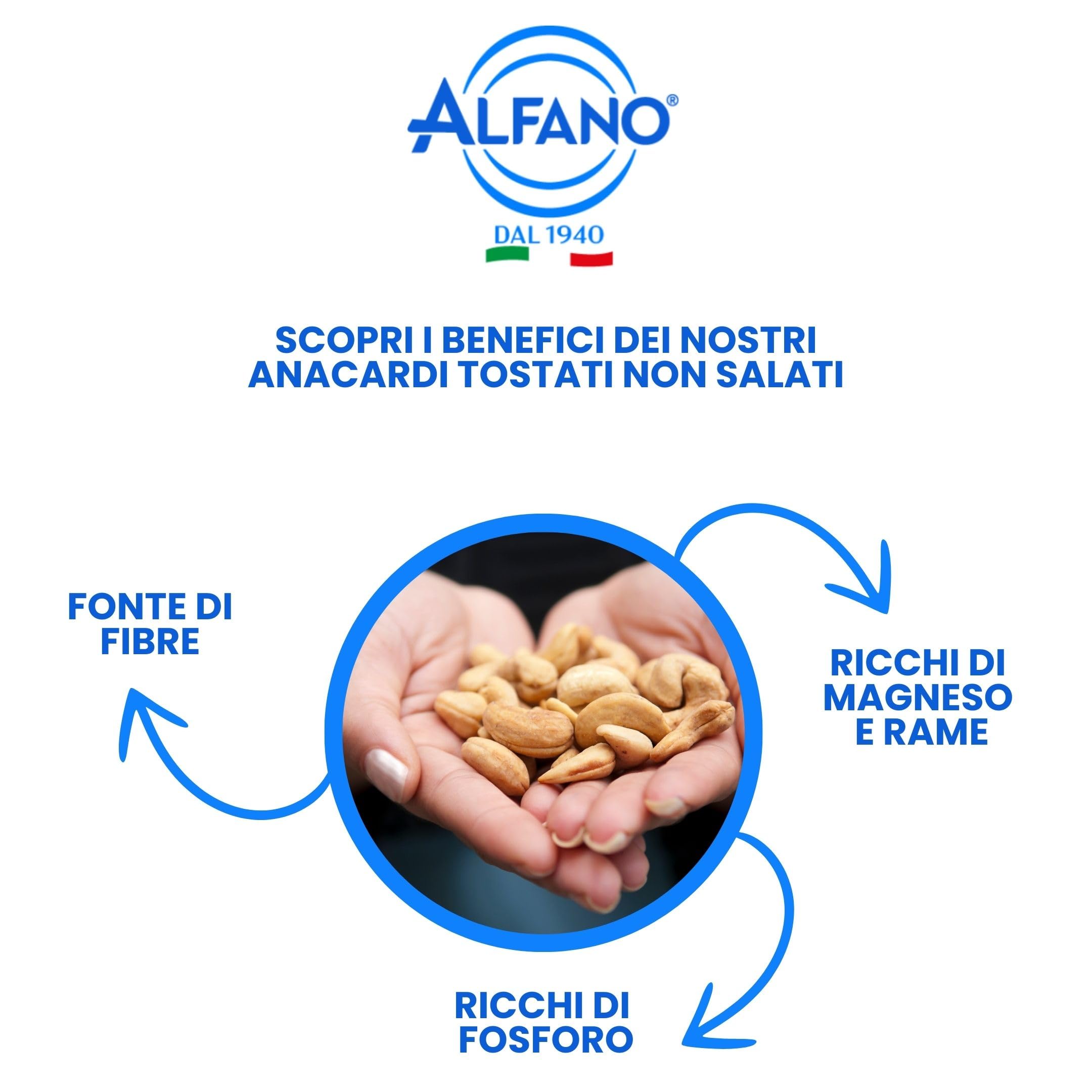 Alfano dal 1940 Anacardi Tostati Non Salati Formato da 250g Frutta Secca Ricca di Fosforo, Magnesio e Rame Fonte di Fibre (4 Pezzi)