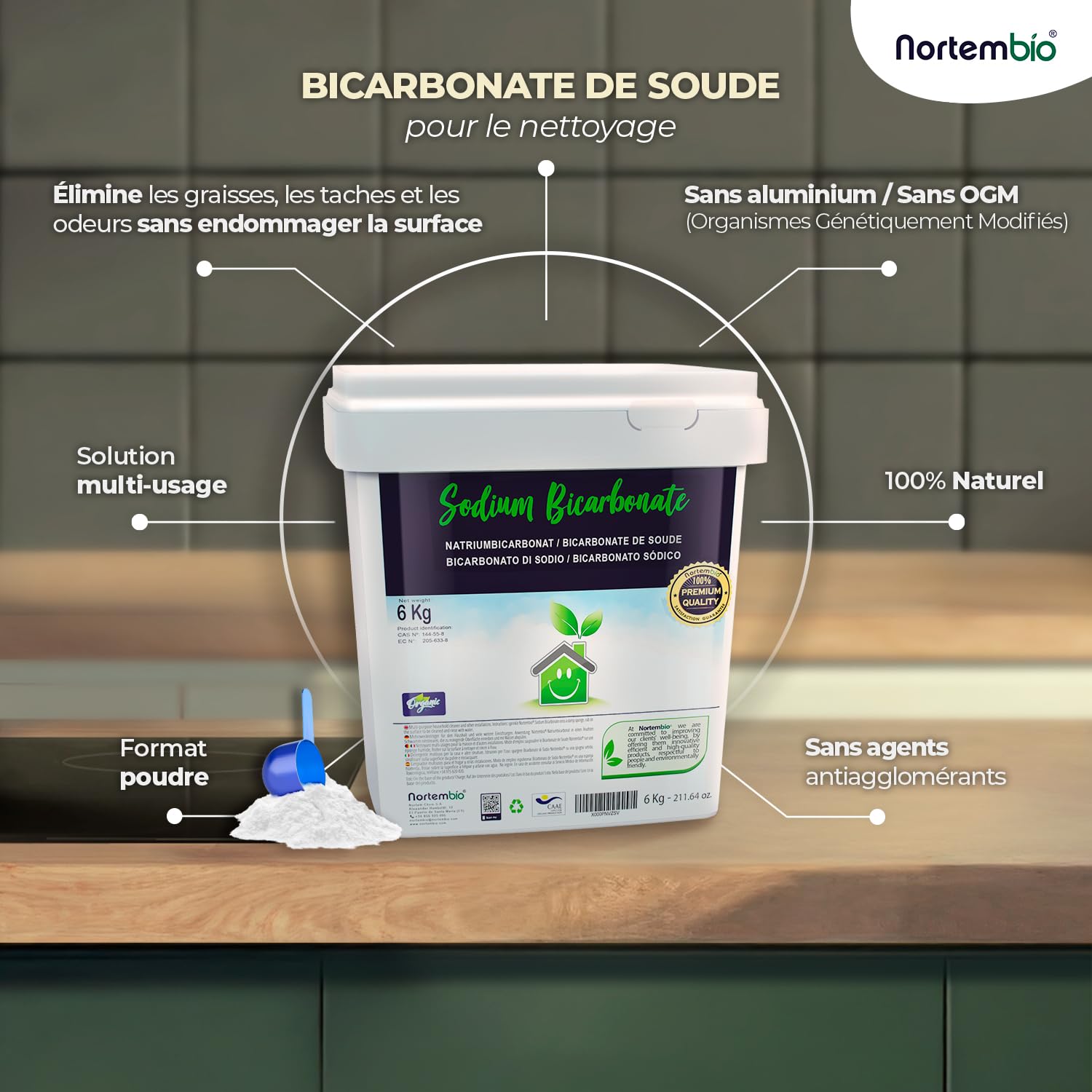 Nortembio Bicarbonate de Soude 4 x 6 Kg 100% Naturel pour Nettoyage Multi-usage. Sans Aluminium. Élimine Odeurs et Saleté. Cuisine, Salle de Bain, Textiles. E-Book Inclus