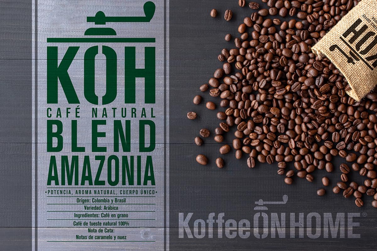 KoffeeONHOME Café en Grano 100% Arábica, Blend Amazonia, Tueste Natural, 2 Paquetes de 1 Kg - 2 Kg