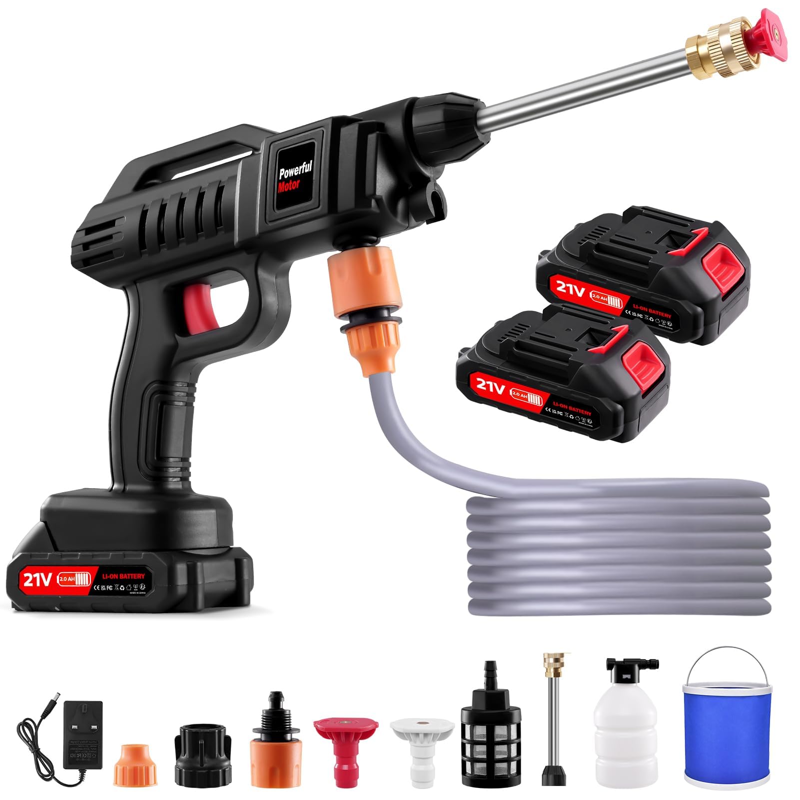 1500W Cordless Pressure Washer, 21V Portable Pressure Washer,60Bar/870 PSI Power Washer Machine with 2 x 2.0Ah Batteries,2 Nozzle,5M Hose For Washing Cars/Floor/Garden Cleaning & Watering