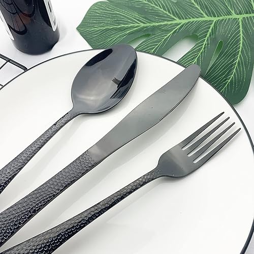 Miniatura 4 de Juego de cubiertos JASHII de acero inoxidable martillado de 24 piezas de cubiertos con mango de rombo con mango de espejo, cuchillos,