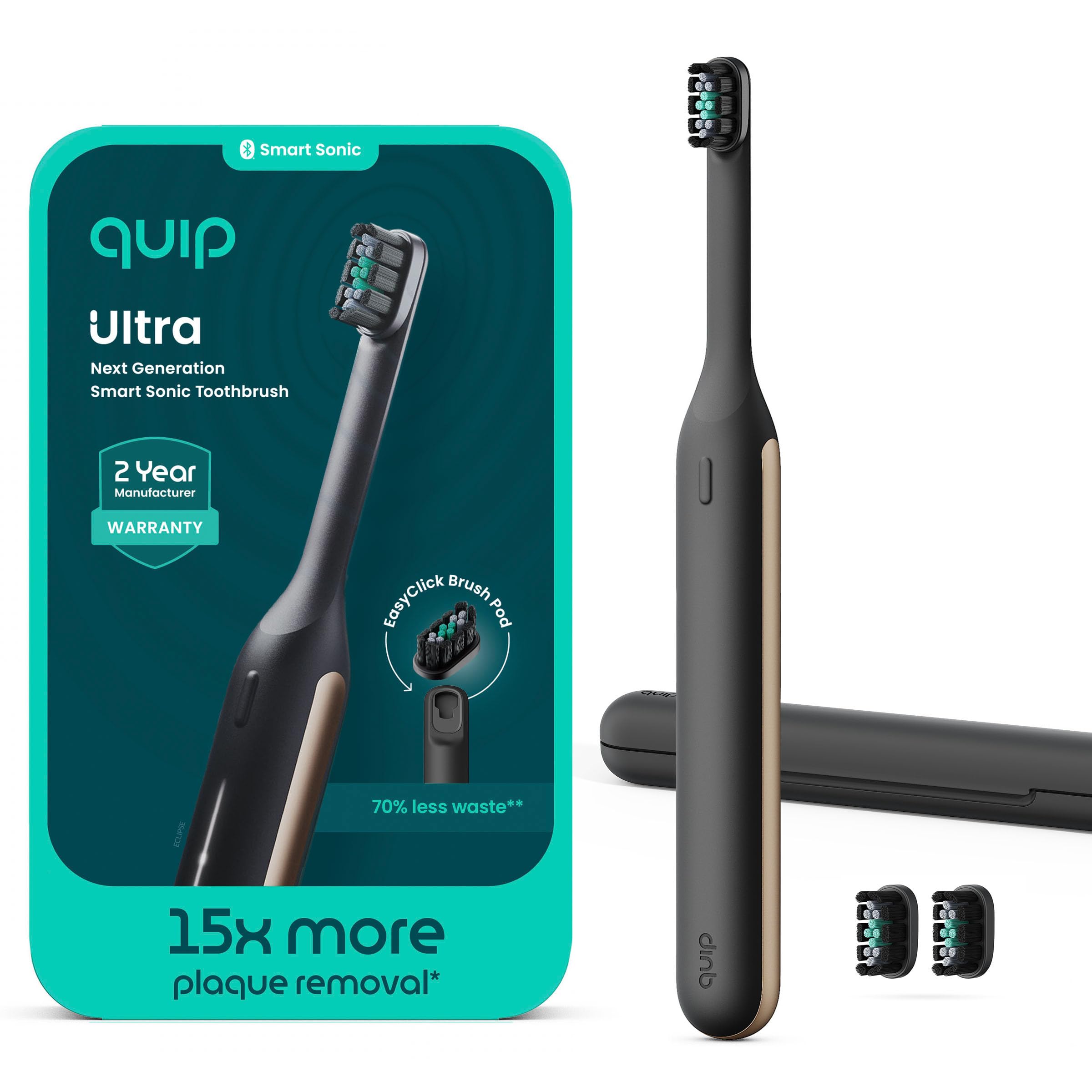Quip Cepillo de dientes inteligente Ultra Next Generation - Cepillo de dientes eléctrico temporizado con estuche - Cabezal de cepillo reemplazable, cerdas suaves, mango de silicona, duración de la