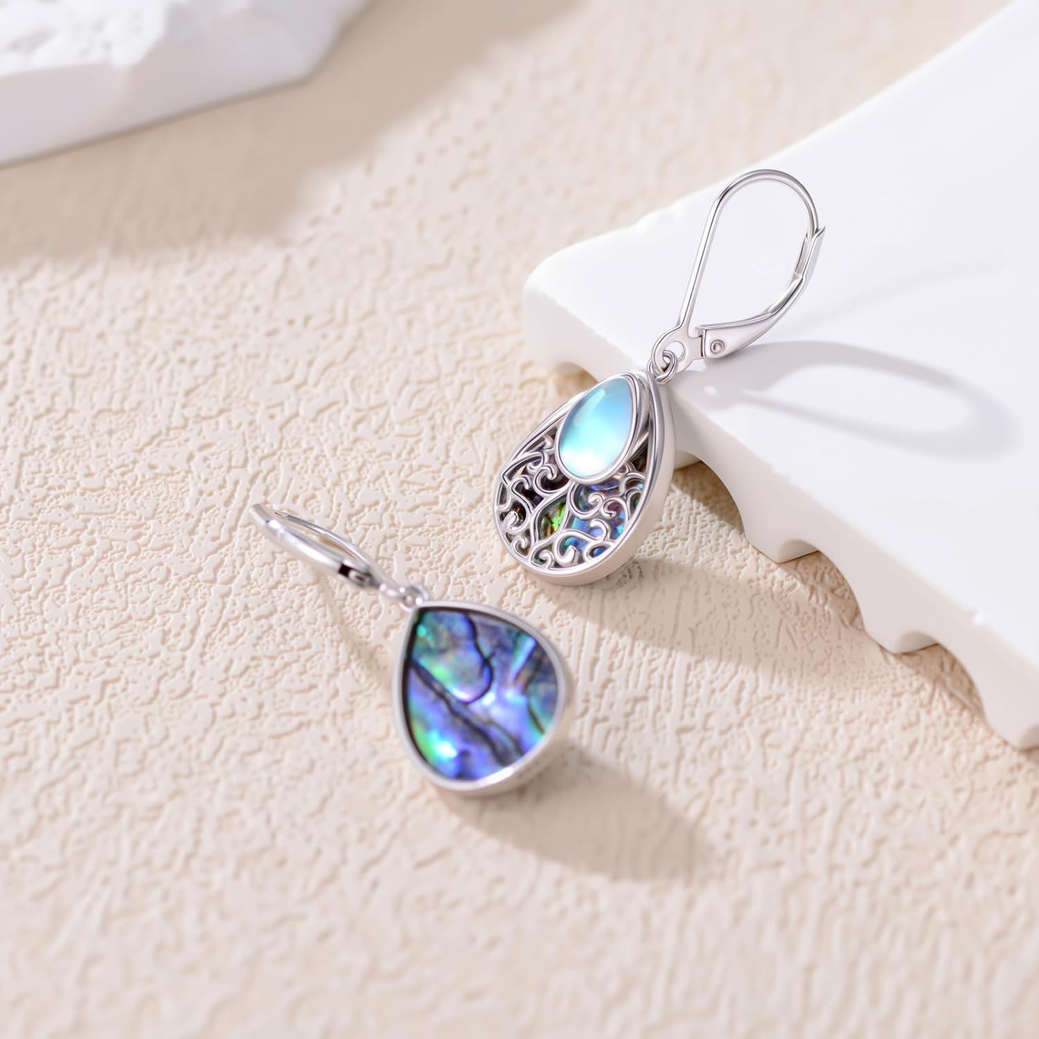 Filigree Moonstone Earrings for Women 925 Sterling Silver Moonstone Teardrop Drop Dangle Earrings with Abalone Shell Filigree Jewelry Gifts - Image 3