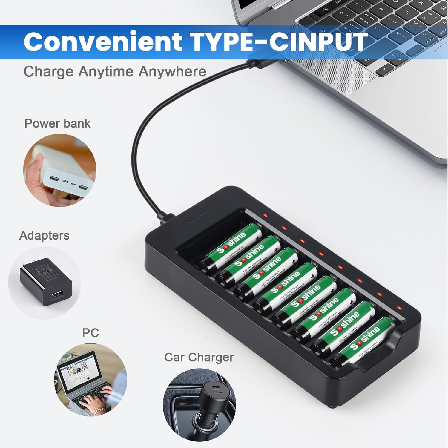AAA Battery Charger with 16 AAA Rechargeable Batteries (1100mAh Ni-MH), USB Individual Battery Charger for 1.2V NiMH NiCD Batteries, Fast Charging for Household & High-Drain Devices