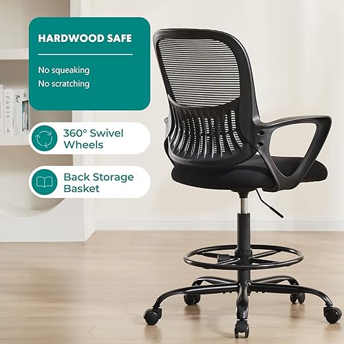 Miniatura 7 de Silla de dibujo alta para oficina, silla de escritorio de pie, sillas de oficina con reposabrazos fijos y anillo de pie ajustable, asiento de