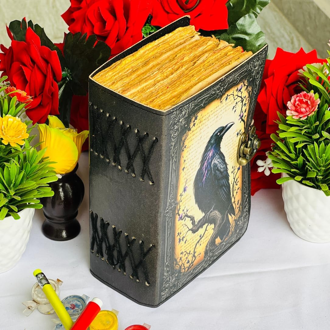 Goth Gifts Raven Crow Leather Journal for Men & Women With Lock, 400 Witchcraft Supplies Books Witchy gifts for women black Grimoire Journal Spell Book Leather Bound Notebook Diary For Halloween Raven