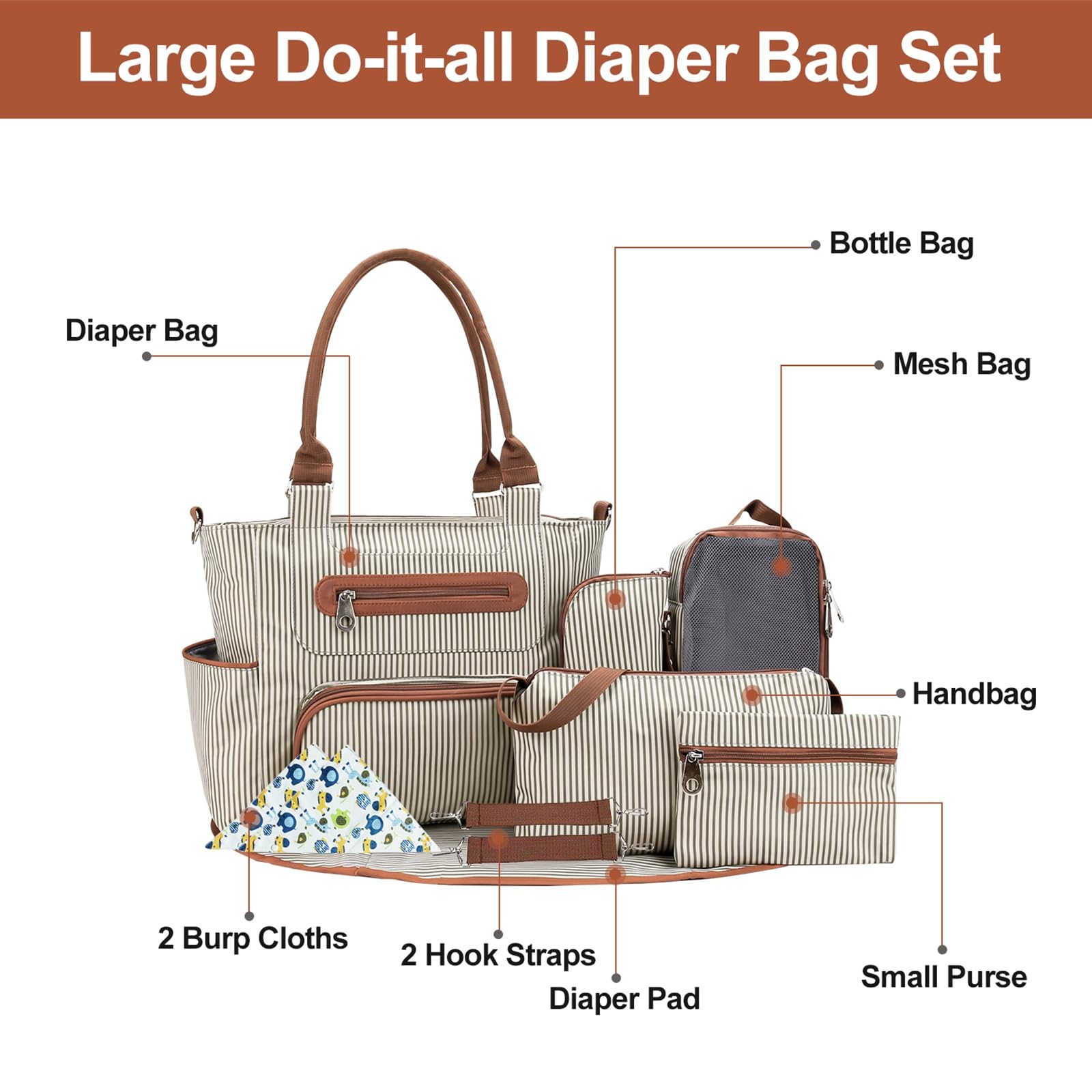 iMounTEK Set di 8 borse per pannolini, borsa multifunzione per pannolini, grande borsa da viaggio per il trasporto del pannolino, con tasche multiple