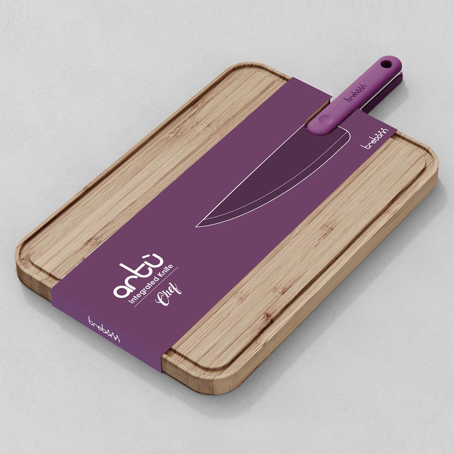 Trebonn - Artù Integrated Knife Chef, Tagliere in bambù con Coltello Chef Integrato, 43x24x2.2 cm. per Le Carni, con Scanalatura per Il Drenaggio dei Liquidi