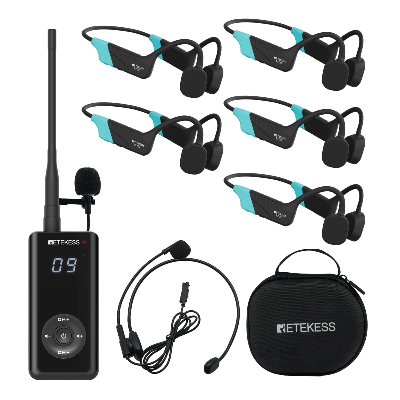 Retekess TT120 Comunicador Para Entrenadores de Natación, Auriculares de Natación Impermeables IP68, Conducción Ósea, Para Guiar el Entrenamiento,Club de Natación, (1 Transmisor, 5 Receptores)