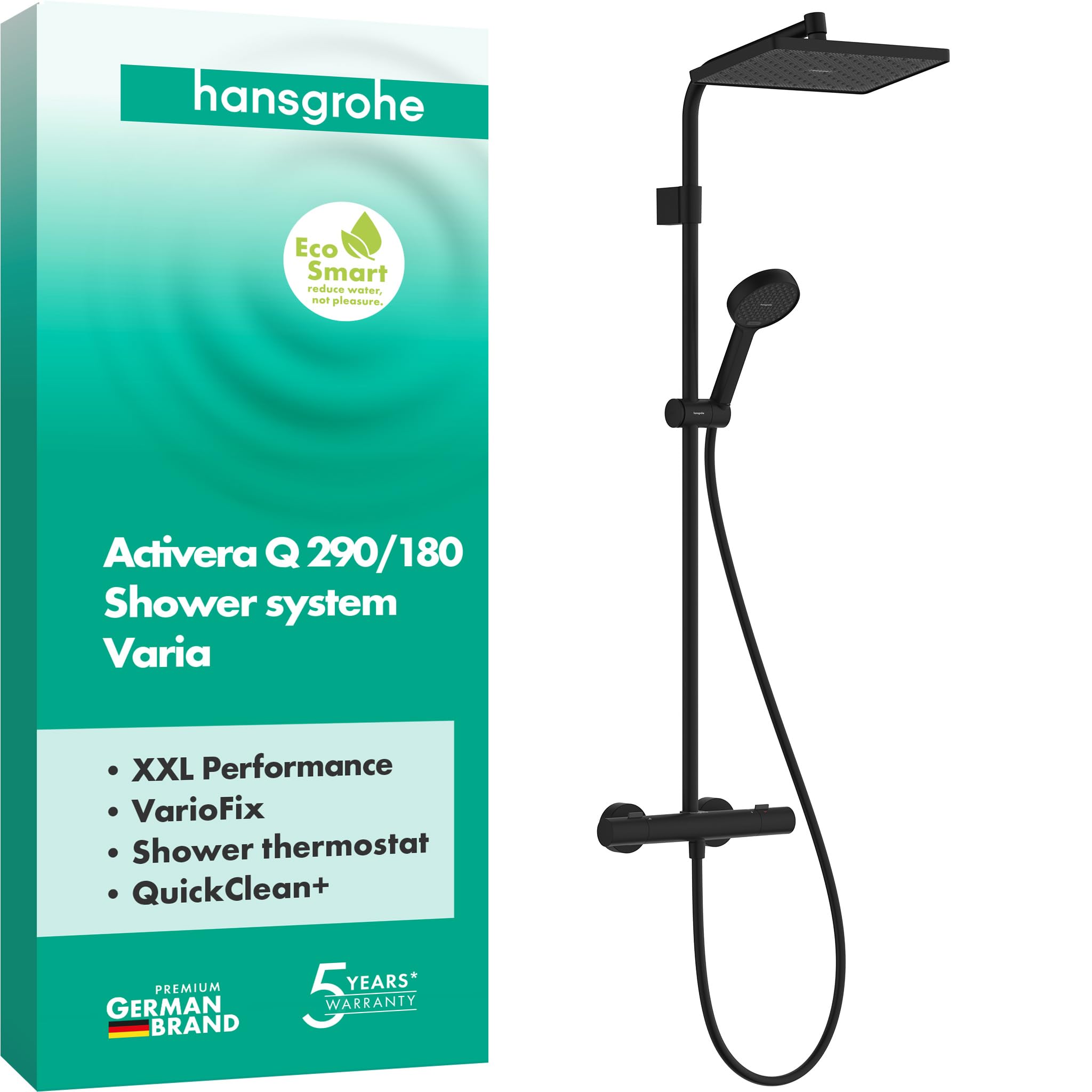 hansgrohe Activera Q - sistema de ducha max. 8 l/min (EcoSmart) con termostato, ducha lluvia (290 x 180 mm) con grifo, ducha de mano, flexo, barra, ducha fija, negro mate, 28748670