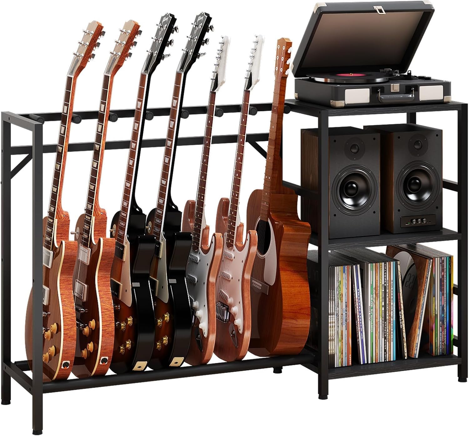 Guitar Stand with Record Player Stand, Guitar Rack with Record Player Table, Guitar Holder 7 Space for Multiple Guitars, Bass, Acoustic, Guitar Display for Home Music Studio, Black
