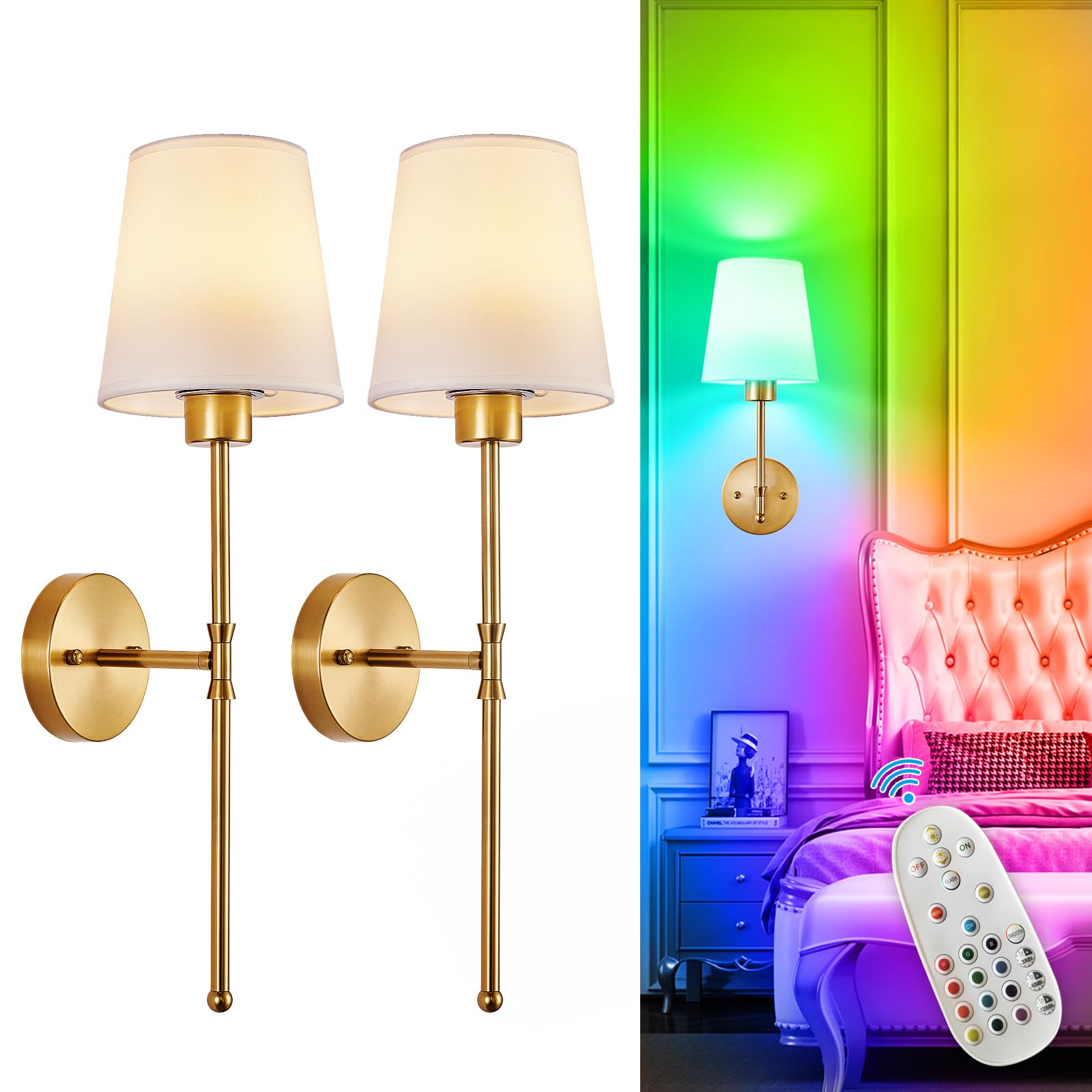 Depuley Battery Operated Wall Sconce: Black Gold Set of 2 Wireless Wall Lights for Bedroom - Rechargeable 15 Colors Wall Lamp for Living Room