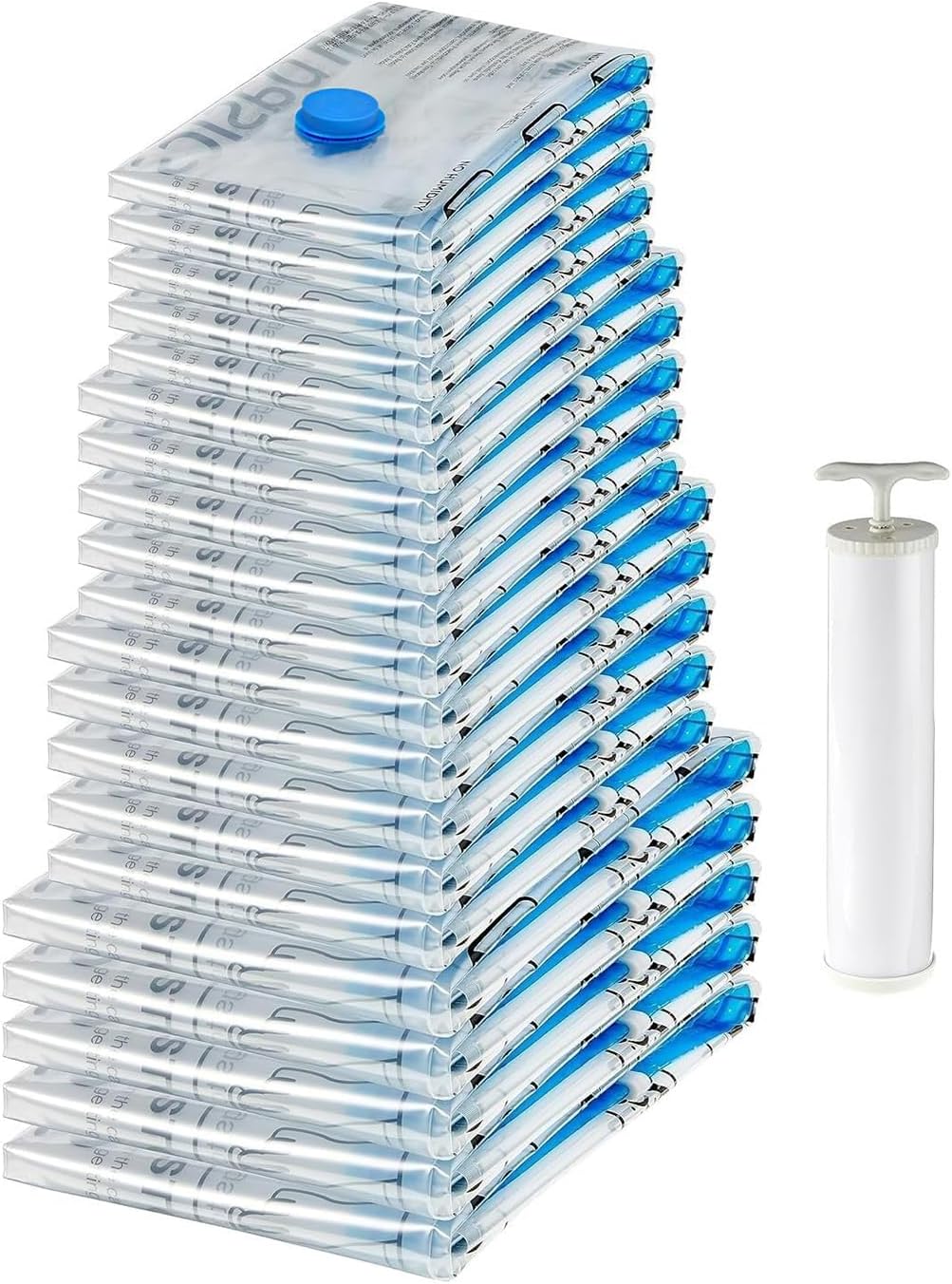amazon basics Plastic Vacuum Compression Zipper Storage Bags With Hand Pump,20 Pack(5 Small,5 Medium,5 Large&5 Jumbo),Multiple Size,Clear,White