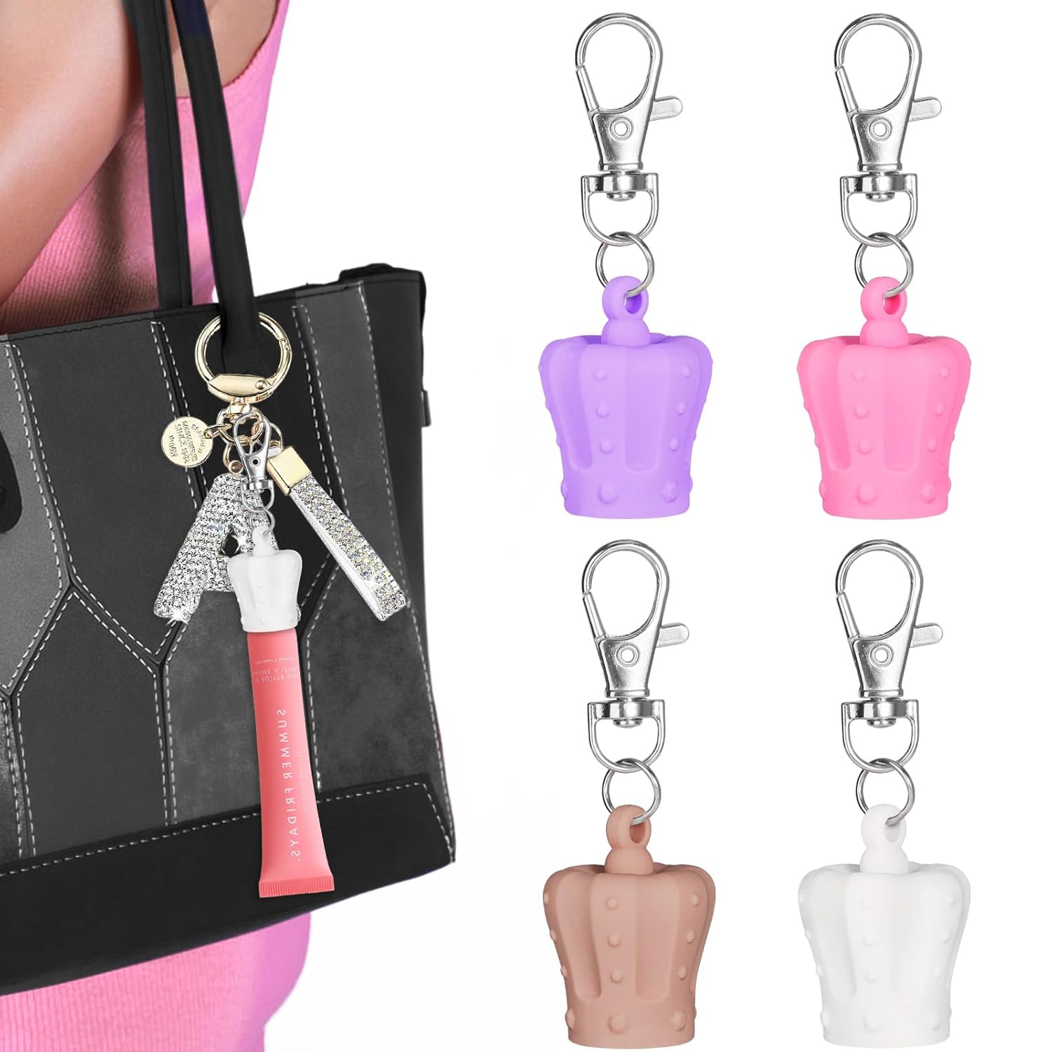 TIGARI Lip Gloss Holder Keychain for Summer Friday, Lip Balm Chapstick Lanyard Holder Cap Replacement, 4PCS Silicone Keychain Women Portable Bag Decorate Accessories
