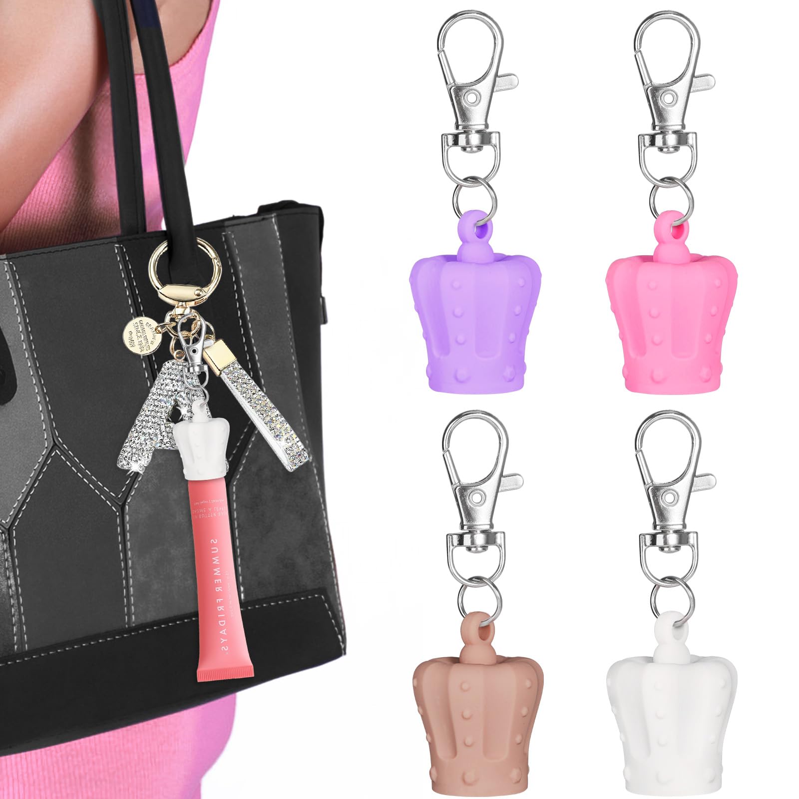 TIGARI Lip Gloss Holder Keychain for Summer Friday, Lip Balm Chapstick Lanyard Holder Cap Replacement, 4PCS Silicone Keychain Women Portable Bag