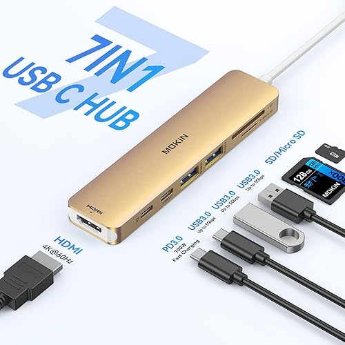 Vista 46 de Adaptador HDMI USB C Hub para MacBook Pro/Air, MOKiN 7 en 1 USB C Dongle con HDMI, lector de tarjetas SD/TF, puerto de datos USB C, 100 W PD y 2 USB