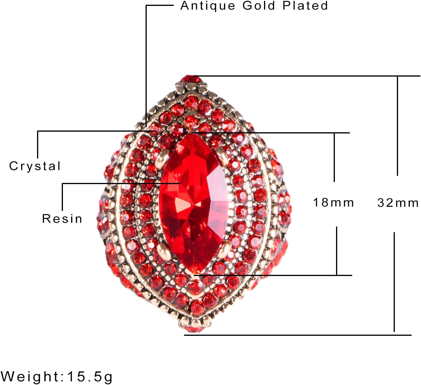 Women Ring - 32mm Big Size Antique Gold Plated Turkish Style Red Gemstone Vintage Ring Women Jewelry J0769RED - Image 6