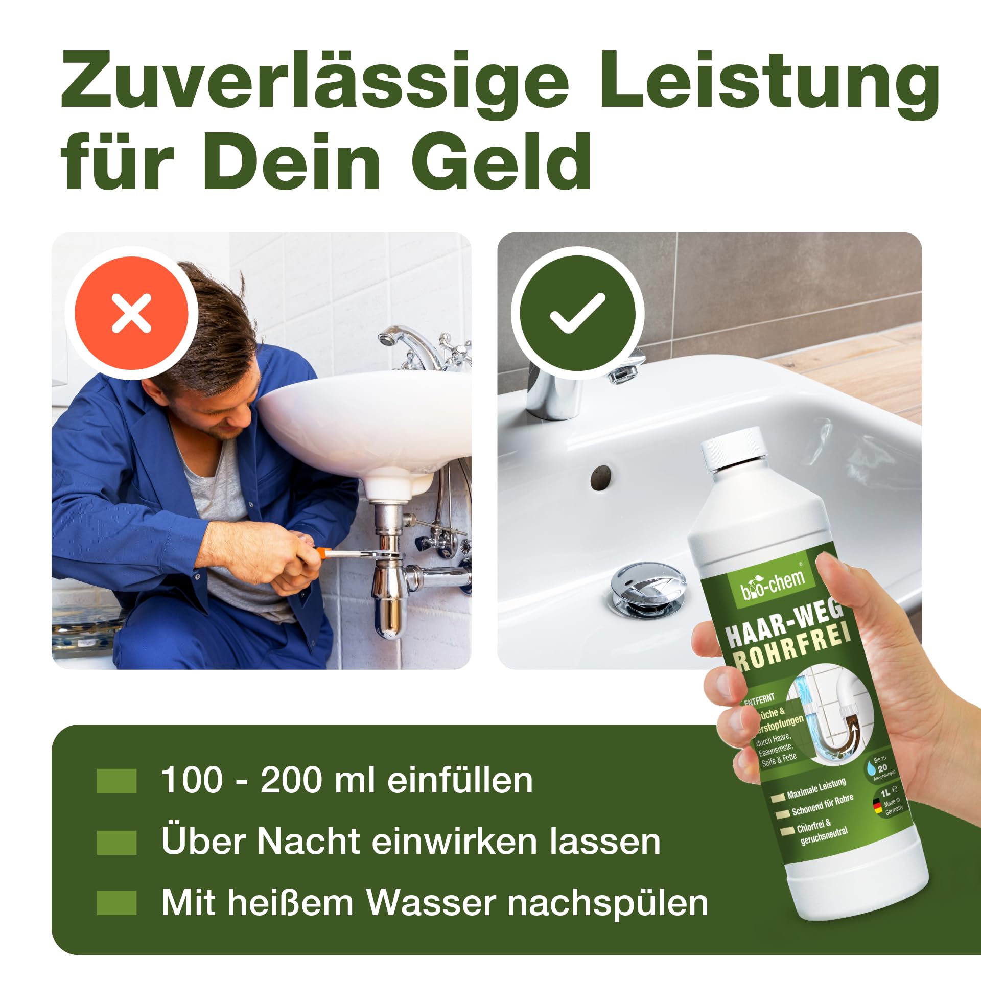 bio-chem Haar-Weg Abflussreiniger extra stark 20L | Rohrreiniger gegen Verstopfungen und Haare | bis zu 20 Anwendungen je Liter | gegen Verstopfungen & Haare