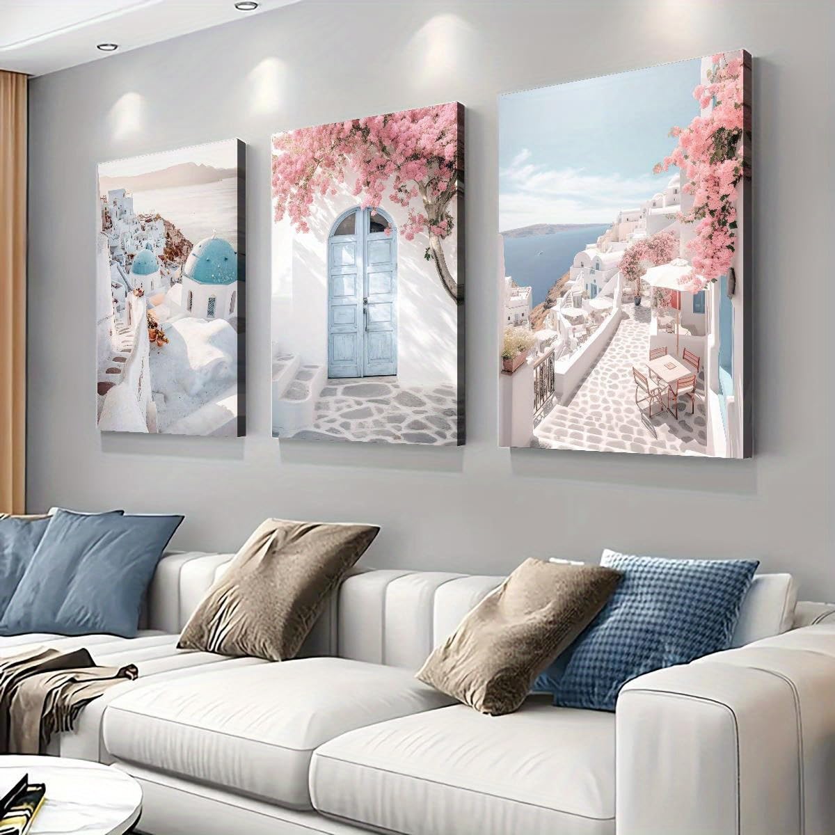 JORCEDI 3pcs Poster Scenery Of Santorini, Greece White Wall Art Romantic Castles And Seas Of Flowers Pink Posters & Prints Room Decor For Living Room Bedroom Office Frameless (blue,40x50cm)