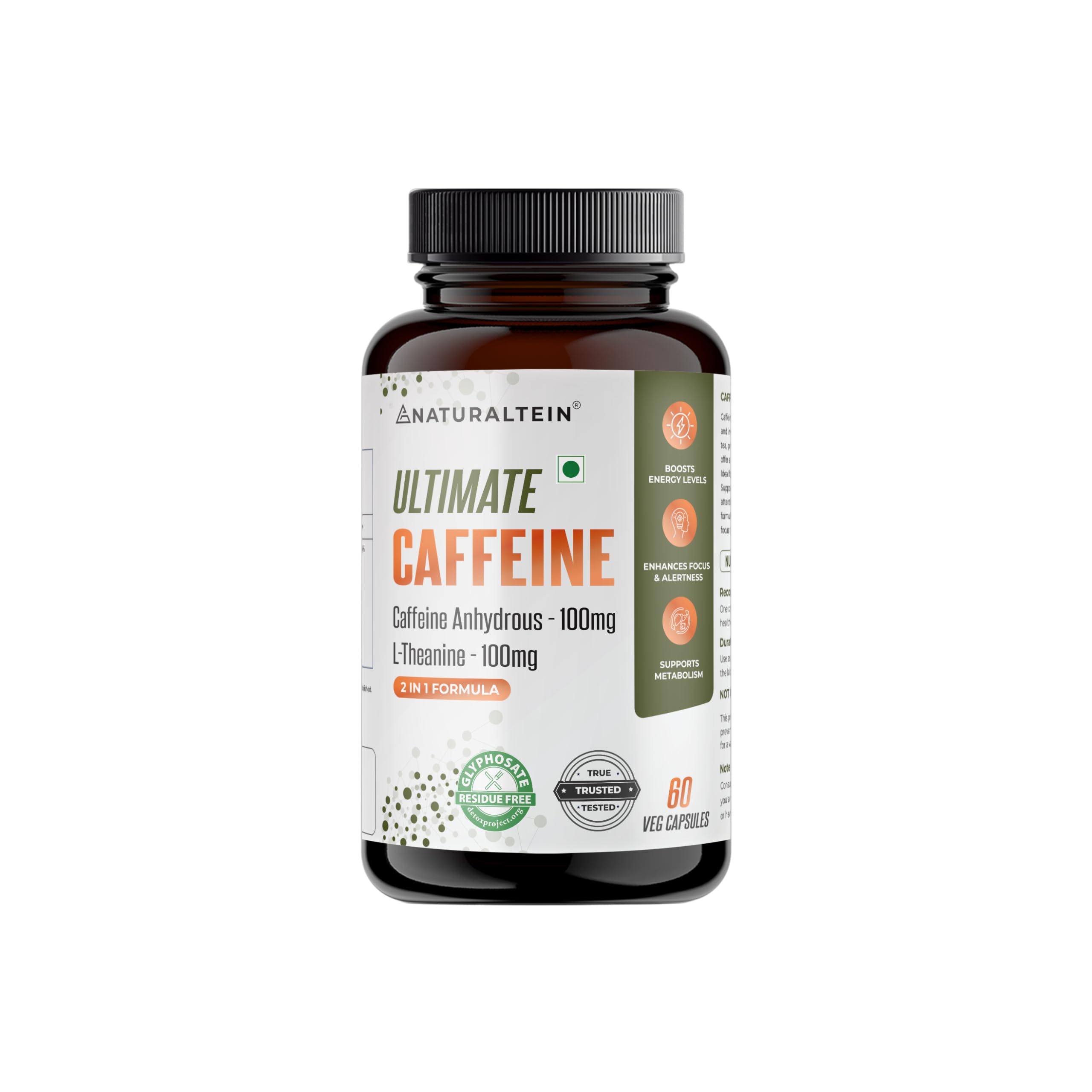 NATURALTEIN Ultimate Caffeine with L-Theanine | 100mg Caffeine + 100mg L-Theanine | Energy, Focus & Alertness Support | 2-in-1 Formula | 60 Veg Capsules
