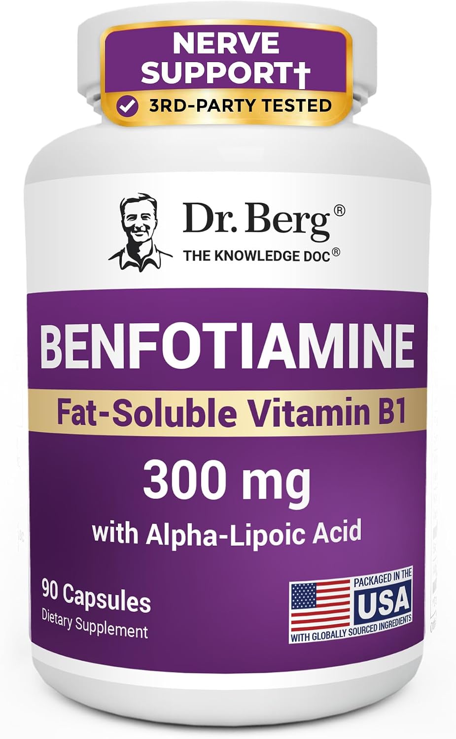 Dr. Berg Vitamin B1 Benfotiamine 300mg | 8-in-1 Nerve Support | 90 Capsules