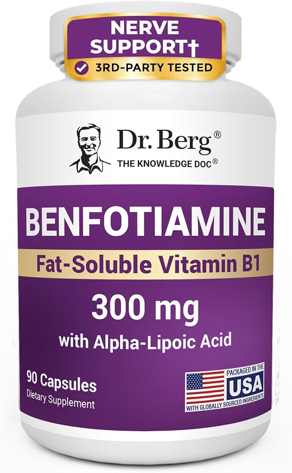 Dr. Berg Vitamina B1 Benfotiamina 300mg | Soporte Nervioso 8 en 1 | 90 Cápsulas | Incluye Cinco Vitaminas B, Vitamina D3, Magnesio y Ácido Alfa-Lipoico | Soporte para Piernas, Brazos, Manos y Pies* | Probado por Terceros