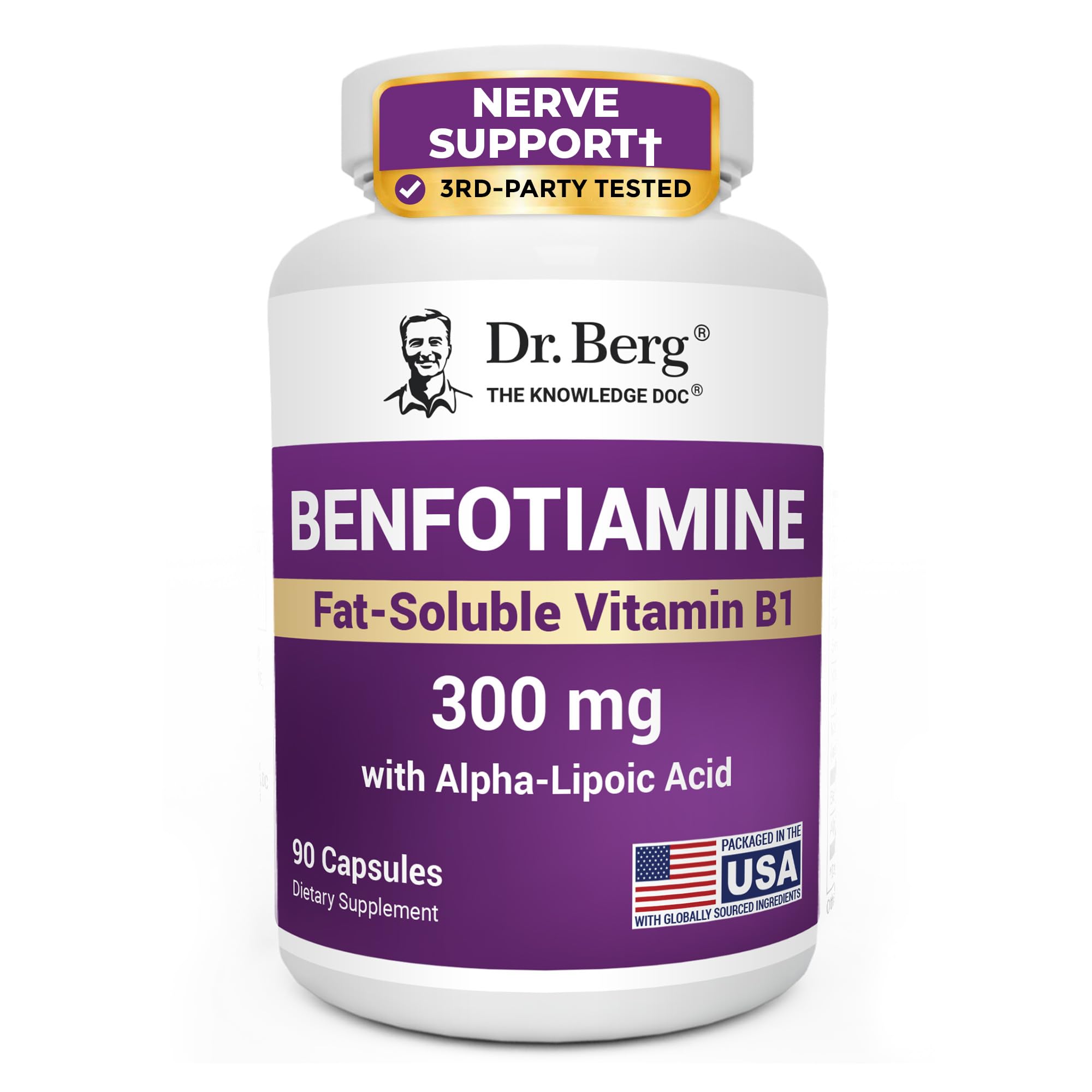 Dr. Berg Vitamin B1 Benfotiamine 300mg | 8-in-1 Nerve Support | 90 Capsules